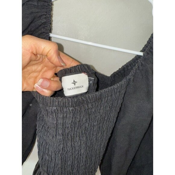 Tuckernuck Women’s Annie Smocked Balloon Sleeve Dress Small S Black 100% Linen - Picture 4 of 5